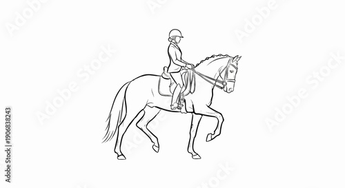 Black and white sketch of a person in riding attire on a horse