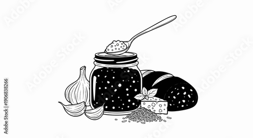 Black and white illustration of pesto ingredients jar, garlic, cheese, basil, and sausage