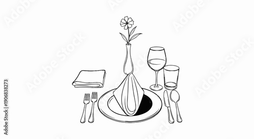 A sketched table setting includes a plate, silverware, glassware, napkin, and flower