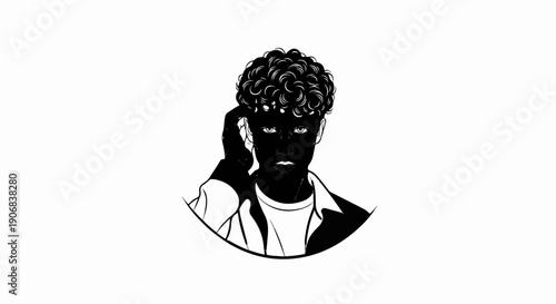 Black and white sketch of a person with curly hair