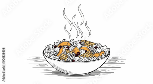 A steaming bowl of salad with corn, squash, nuts, and cranberries on wood