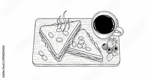 A steaming cup of coffee and sandwiches with berries on a wooden board