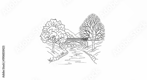 Black and white sketch of a stone bridge over a winding stream bordered by trees