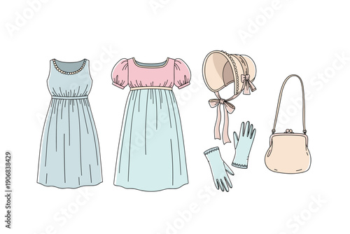 Regency era women's fashion clothing accessories collection, featuring elegant dresses, a bonnet, gloves, and a purse, depicted in a charming hand-drawn illustration style.