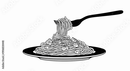 Black and white illustration of spaghetti and cheese on a plate