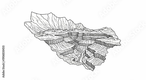 Black and white sketch of a vast canyon with layered cliffs and distant mountains
