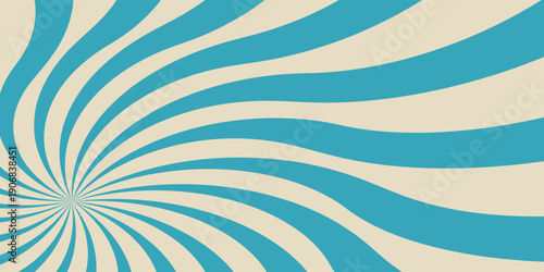 Retro vintage spiral wavy sun rays, blue background pattern, radial spiral stripes, comic ray stripes, grunge texture, circus, carnival, summer background, vector illustration.