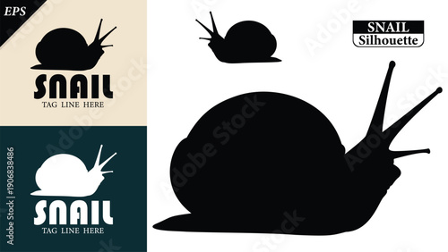 snail silhouette isolated on white background with logo text space, featuring a clean black shape symbolizing nature, patience, simplicity. Ideal for logos, snails vector silhouette icon, snail logo