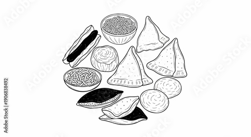 Black and white sketch of assorted food items including a hot dog, samosas, and pastries