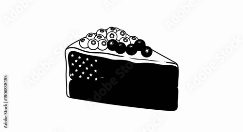 A slice of cake decorated with stars and topped with blueberries
