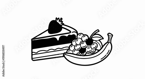 A slice of cake topped with a strawberry, alongside grapes and a banana