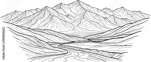 A stark, monochromatic drawing depicts a vast mountain range with a winding river valley