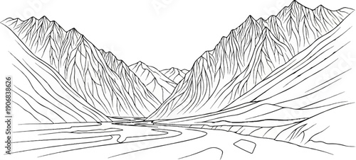 A stark, linear sketch depicts a winding river flowing through a rugged mountain valley
