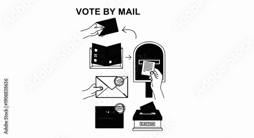 Black and white illustration of voting by mail process, step by step