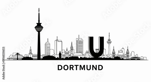 Black and white skyline silhouette with iconic buildings and a large 'U'