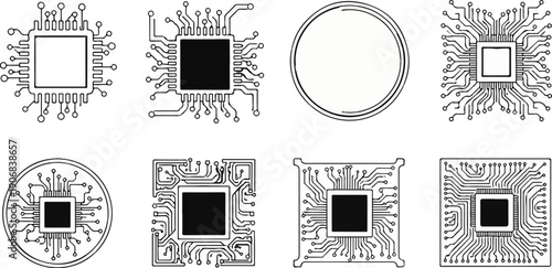 Black and white illustrations of various electronic circuit board chips and components