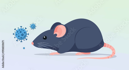 A small dark gray mouse looks at tiny blue virus particles on a light blue background