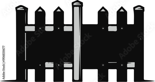 Black and white stylized drawing of a picket fence with pointed tops and a central post