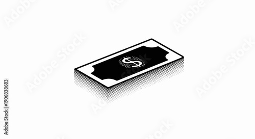 Black and white isometric illustration of a stack of dollar bills with a dollar sign