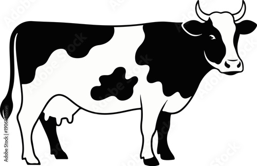 Black and white stylized illustration of a cow with prominent spots and udders