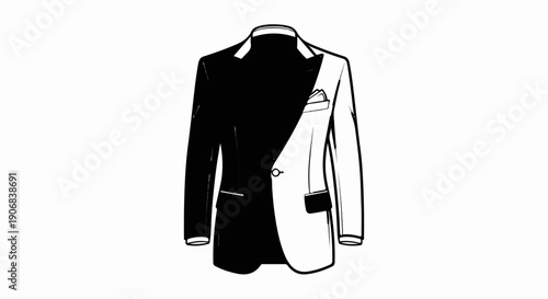 Black and white jacket with diagonal split design and pocket square