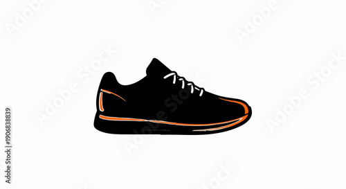 Black athletic shoe with white laces and orange accents on white background