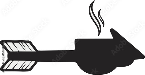 Black arrow with fletching, a cup with steam, and a point