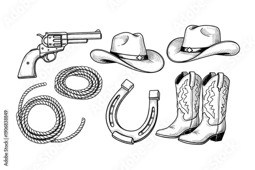 Western cowboy accessories collection featuring vintage revolver, hats, boots, rope, and horseshoe in a classic hand-drawn sketch style.