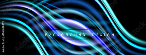 Abstract flowing lines create vibrant, futuristic design. Blue, purple hues dominate dark background. Smooth curves suggest movement, energy.