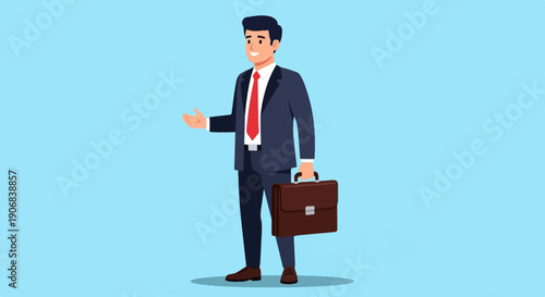 A smiling man in a suit with a briefcase, offering a welcome gesture
