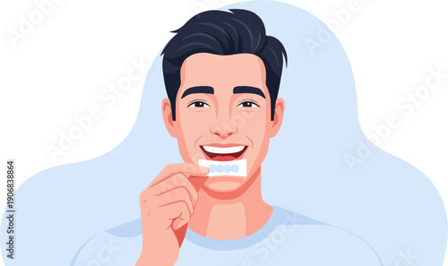 A smiling man applies whitening strips to his teeth for a brighter smile
