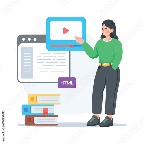 Educational flat illustration of html coding tutorial and web training