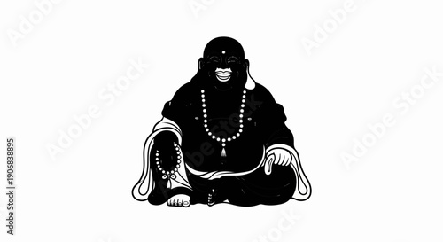A smiling, stout figure in dark robes, adorned with beaded necklaces, sits in contemplation