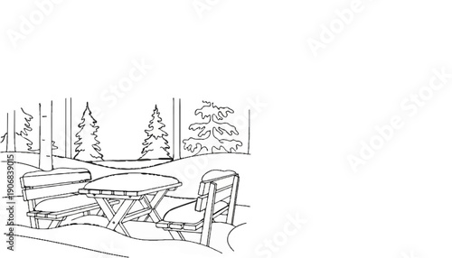 A snow-covered wooden picnic table and benches sit amidst a winter forest
