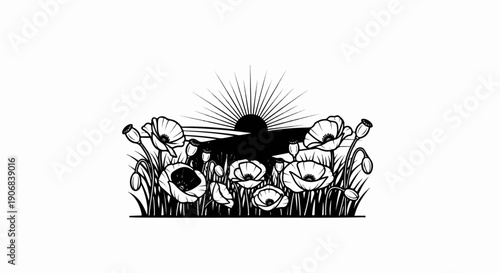Black and white line art of poppies blooming at sunrise