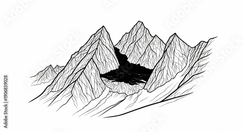 A stark, black and white illustration depicts jagged, imposing mountain peaks surrounding dark, turbulent water