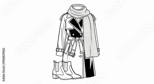 Black and white line drawing of a belted trench coat with scarf and boots