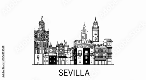 Black and white line art skyline of historic buildings and towers in Seville