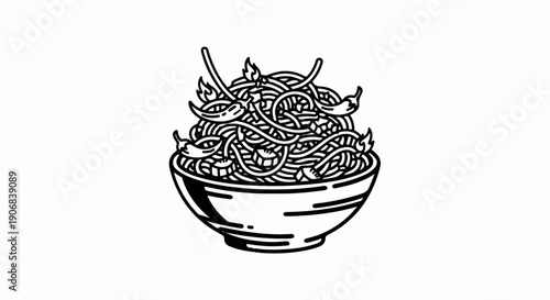 Black and white line drawing of a bowl overflowing with noodles and chili peppers