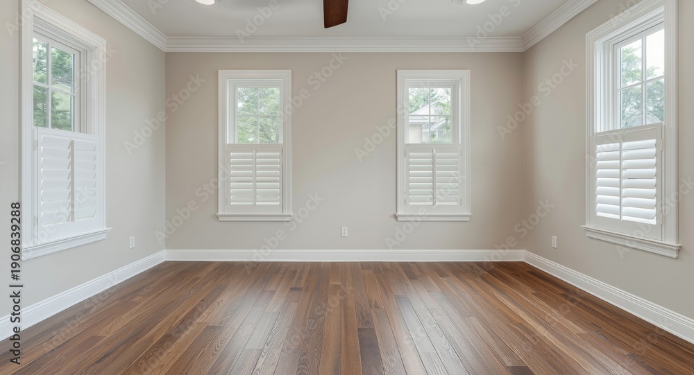 Fototapeta premium Inviting space with textured wood floors and white shutters framing side windows
