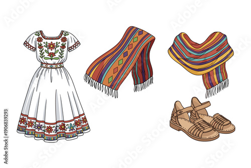 Traditional Mexican clothing items including an embroidered dress, striped rebozo, colorful shawl, and huarache sandals are displayed in a vibrant illustration.