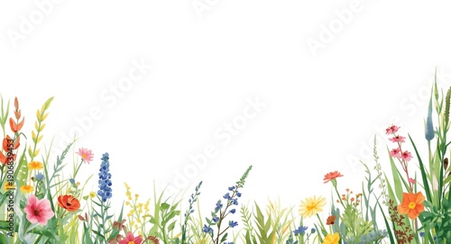 Colorful watercolor floral border with summer meadow theme on white background for card design
