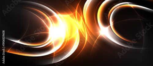 Bright orange, white swirls dominate black background. Dynamic energy radiates from central light source. Abstract design evokes motion, warmth.