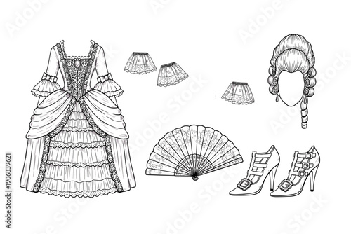 Rococo fashion accessories and clothing collection featuring an elaborate gown, wig, fan, and high-heeled shoes, depicted in a detailed black and white outline drawing.