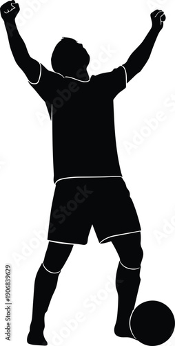 Soccer player silhouette celebrating victory, triumphant pose with raised arms, standing beside ball, sports achievement vector illustration, athletic celebration artwork design