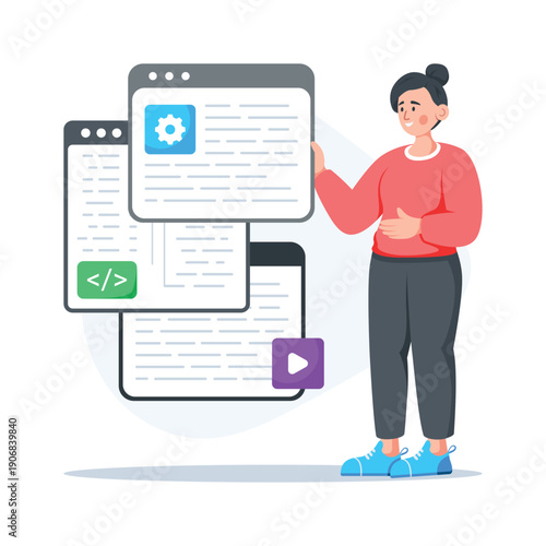An editable flat illustration representing full stack web development workflow