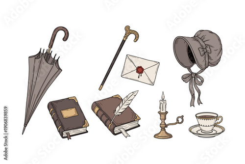 Various antique objects including a closed umbrella, elegant walking stick, sealed letter, bonnet, old books, candlestick, and teacup, representing historical charm and classic elegance.