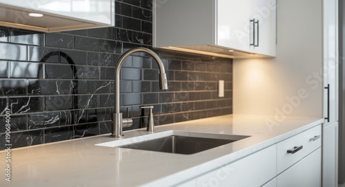 Contemporary kitchen sink and faucet with black marble subway tile and painted cabinets