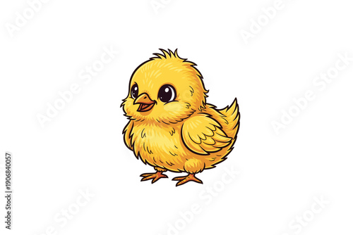 Cute yellow fluffy cartoon chick stands happily smiling, radiating joy and innocence with its adorable big eyes and cheerful expression, perfect for spring and Easter themes.