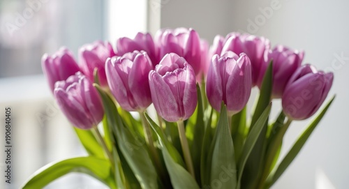 Fresh purple tulips bouquet basking in soft natural light